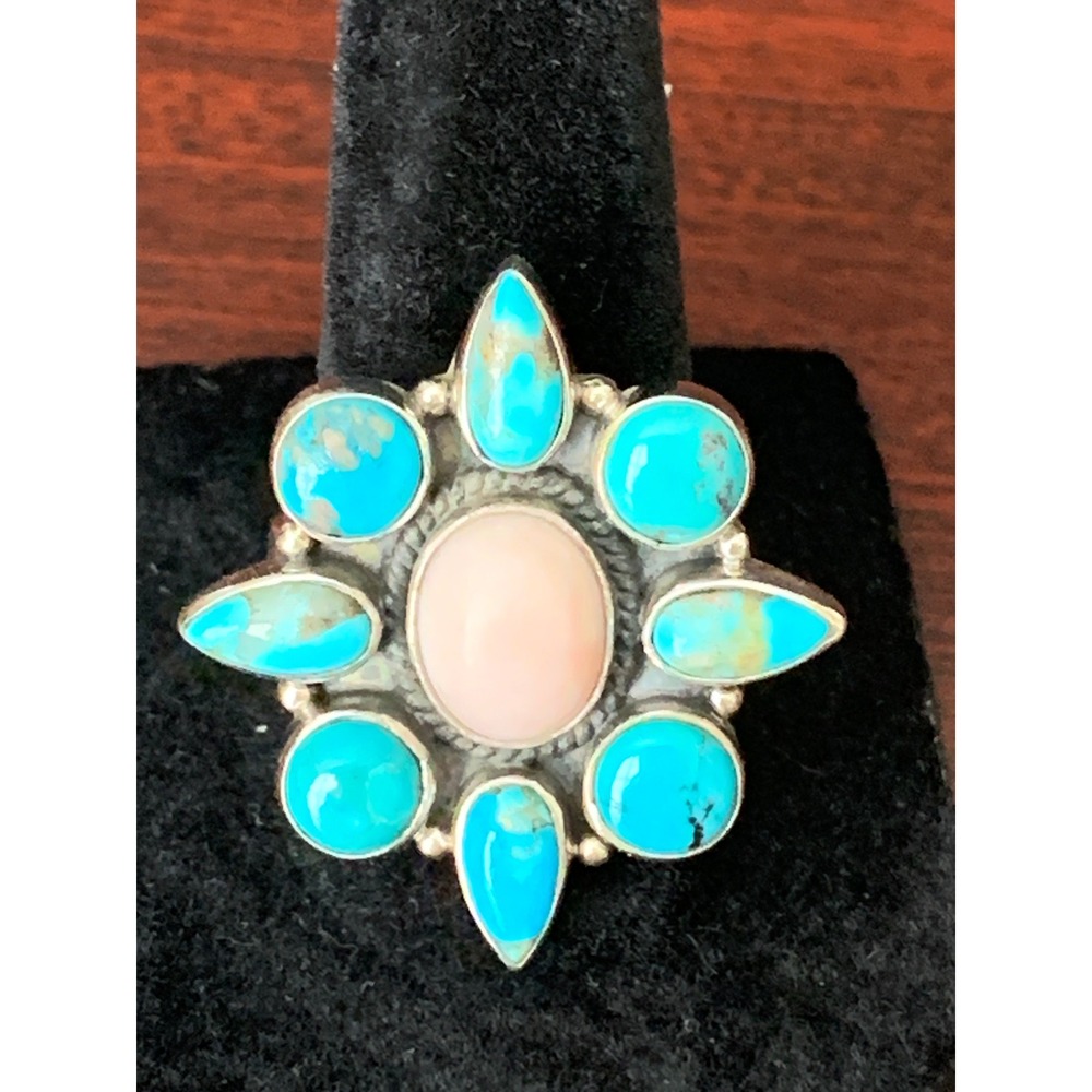 925 Sterling Silver Mohave Turquoise Pink Opal Adjustable Cluster Ring Western